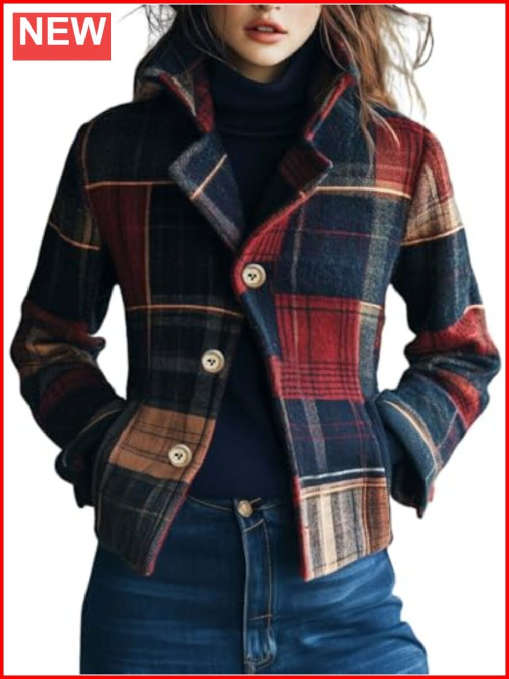 Women Plaid Wool Blend Cropped Pea Coat